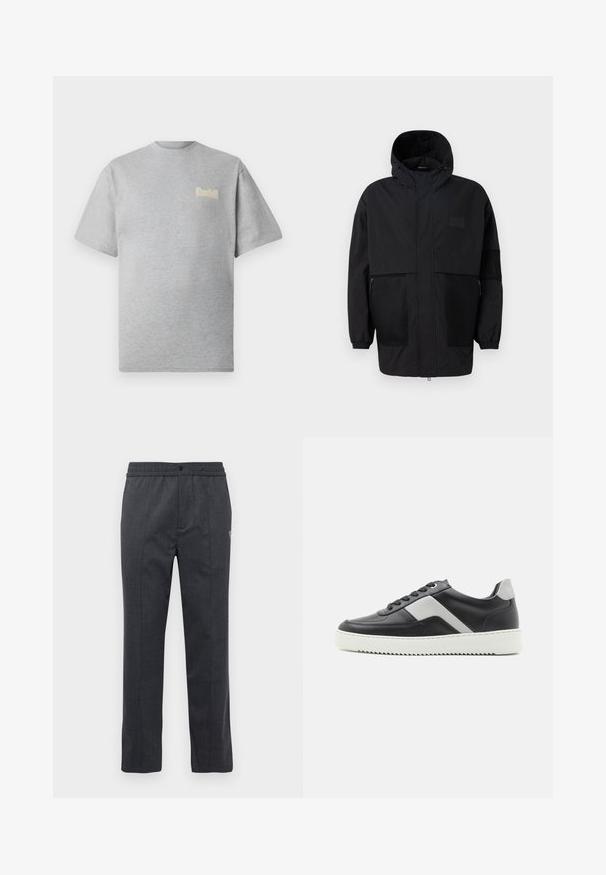 Μαύρο φούτερ τζάκετ από ελαφρύ ύφασμα, με πλέγμα, μπροστινό φερμουάρ και ελαστικούς καρπούς για ρυθμιζόμενη εφαρμογή.; Γκρι κοντομάνικη μπλούζα φτιαγμένη από μαλακό ύφασμα, με στρογγυλή λαιμόκοψη και ένα μικρό κρεμ λογότυπο στο στήθος.; Σκούρο γκρι παντελόνι κανονικής γραμμής με ελαστική μέση, μπροστινό κλείσιμο με κουμπί και διακριτή κεντημένη λεπτομέρεια στη δεξιά πλευρά.; Μαύρο δερμάτινο sneaker με γκρι λεπτομέρειες, λευκή καουτσούκ σόλα, στρογγυλή μύτη και έξι μαύρα μάτια για κορδόνια. Λεπτομέρεια πλευρικού πάνελ με υφή.