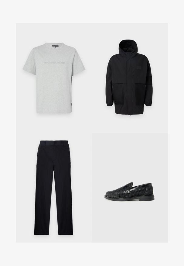 Juodas gobtuvu džemperis, pagamintas iš lengvo audinio, turi tinklinės juosteles, priekinį užtrauktuką ir elastingus rankogalius, leidžiančius pritaikyti dydį.; Pilkas medvilnės marškinėliai trumpomis rankovėmis, su iškilniu „MICHAEL KORS“ logotipu priekyje ir apvalia iškirpte.; Juodos kelnės, pagamintos iš lengvos tekstūruotos medžiagos, tiesaus silueto, su elastingu juosmeniu ir šoniniais užtrauktukų kišenėmis.; Juodas pintas slip-on tipo batelis su lygiu odiniu akcentu viršuje, apvalios nosies dizainas ir žemas guminis padas.