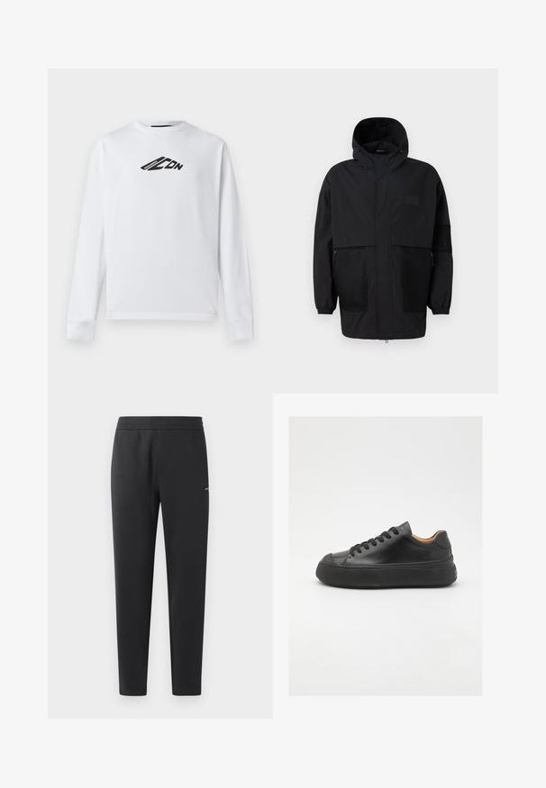 Sort hættetrøje lavet af letvægtsstof, med mesh-paneler, en frontlynlås og elastiske manchetter for justerbar pasform.; Hvid langærmet sweatshirt lavet af bomuld, med et sort logo-design foran og ribstrikkede manchetter. Klassisk rund halsudskæring.; Sorte joggebukser lavet af blødt stof, med elastisk måle, lige ben og et enkelt lille logo detaljeret på siden.; Sort lædersneaker med rund tå, snørebånd foran, glat overflade, tyk gummisål og kontrasterende tan inderside.