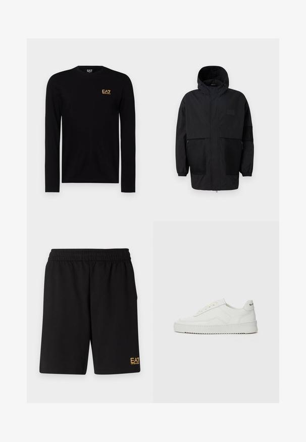 Musthave musta kapuutsiga jakk, mis on valmistatud kergest kangast, koos võrgupaneelide, ees oleva tõmbluku ja elastsete mansettidega kohandatava sobivuse jaoks.; Must värvi pikkade varrukatega T-särk, mis on valmistatud puuvillast, vasakul rinnal on kuldne EA7 logo. Ümmargune kaelus ja istuvad varrukad.; Mustad mustad lühikesed püksid, mis on valmistatud pehmest kangast. Omavad elastset vöökohta ja väikest kollast EA7 logo vasakul jalal.; Valge nahast tennis, millel on sile põhi, ümar varvas, lamedad nöörid ja tekstuuriline tall. Sisaldab diskreetset logo kontsaribal.