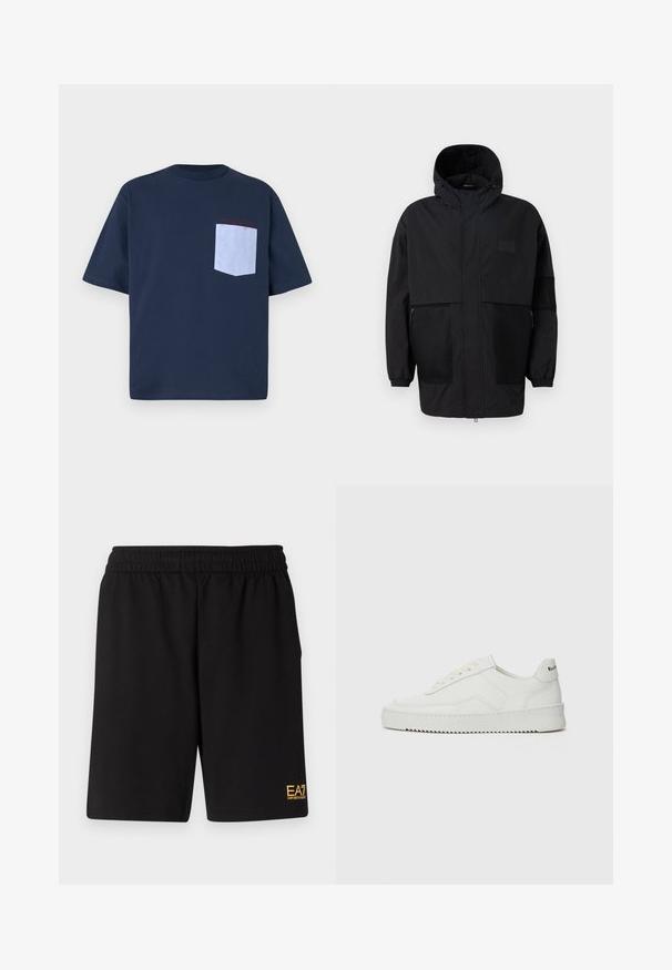 Čierna kapucňová bunda vyrobená z ľahkého materiálu, s priehľadnými panelmi, predným zipsom a elastickými manžetami pre nastaviteľné prispôsobenie.; Námornícky modré bavlnené tričko s svetlomodrou náprsníkou, na ktorej je červené prešitie a štítok. Krátke rukávy a okrúhly výstrih.; Čierne športové šortky vyrobené z jemného materiálu, s elastickým pásom a malým žltým logom EA7 na dolnej ľavej nohe.; Biele kožené tenisky s hladkým povrchom, okrúly špičkový dizajn, ploché šnúrky a textúrovaná podrážka. Obsahujú jemné logo na päte.
