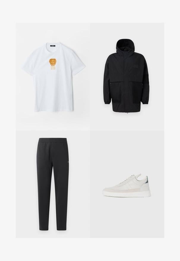 Svart hettejakke laget av lettvektig stoff, med mesh-paneler, en front glidelås og elastiske mansjetter for justerbar passform.; Hvit kortermet t-skjorte med gull Medusa-hode logo og teksten "Versace Est. 1978 Milano" sentrert på brystet.; Sorte joggebukser laget av myk stoff, med elastisk midjebånd, rette ben og en liten logo detalj på siden.; Hvite lær sneakers med grå semsket skinndetaljer, snøring, bånd for å dra opp, og en teksturert gummisåle med en sikksakk-mønster.