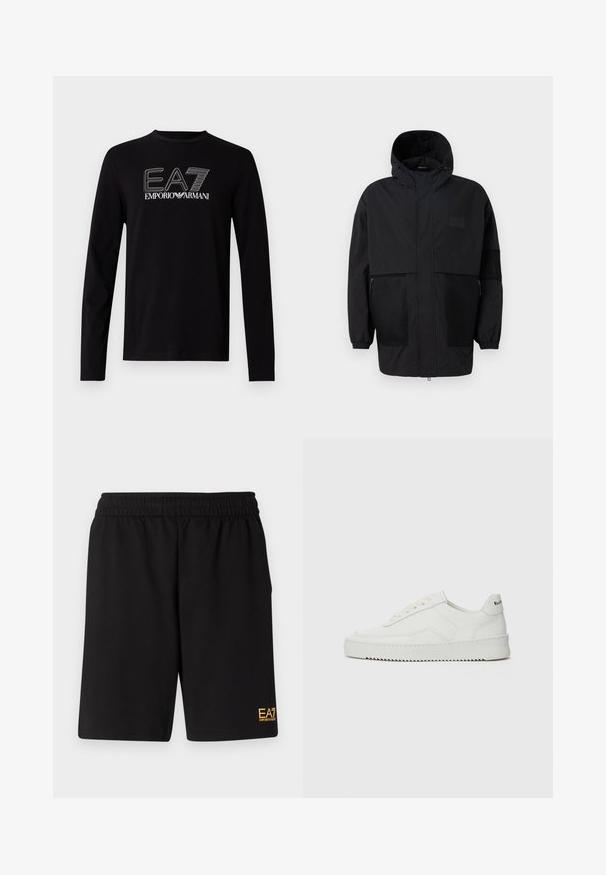 Musta huppari, joka on valmistettu kevyestä kankaasta, sisältäen verkkopaneeleja, etuvetoketjun ja joustavat hihansuut säädettävää istuvuutta varten.; Musta pitkähihainen T-paita pyöreällä pääntiellä, jossa on valkoinen grafiikkaprintti "EA7 EMPORIO ARMANI" edessä.; Mustat urheilushortsit, jotka on valmistettu pehmeästä kankaasta. Kengissä on joustava vyötärönauha ja pieni keltainen EA7-logo vasemmassa alakulmassa.; Valkoinen nahkakenkä, jossa on sileä pinta, pyöreä kärki, tasaiset nauhat ja teksturoitu pohja. Sisältää huomaamattoman logon kantapäässä.