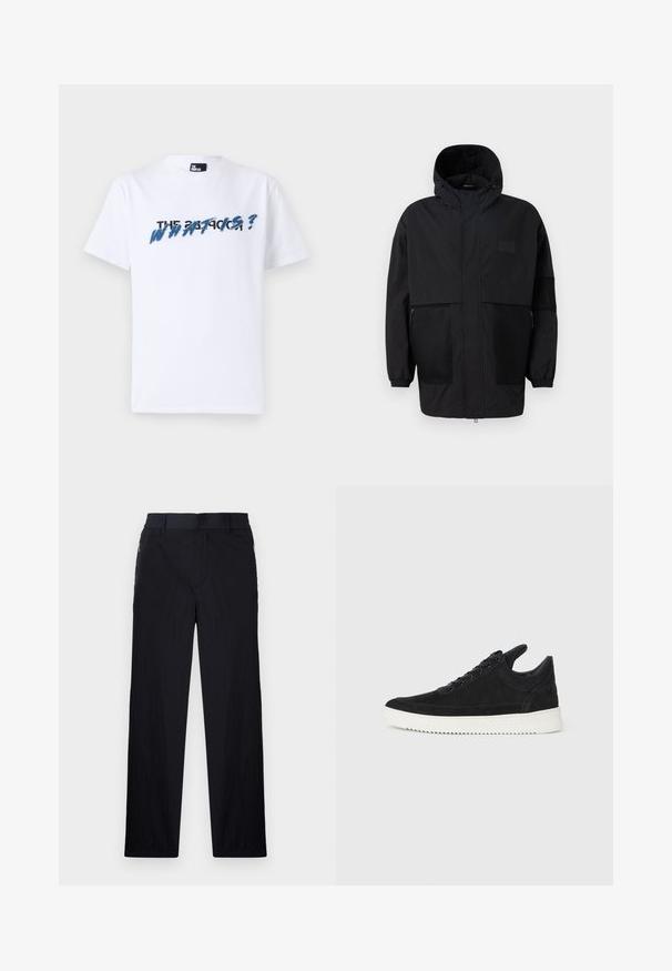 Sort hættetrøje lavet af letvægtsstof, med mesh-paneler, en frontlynlås og elastiske manchetter for justerbar pasform.; Hvid bomulds t-shirt med korte ærmer; har grafisk tekst i blå og sort, der læser "THE WHAT IS?" på tværs af brystet. Blød tekstur.; Sorte bukser i let, struktureret stof, med lige ben, elastisk talje og sidelommer med lynlås.; Sort ruskinds sneaker med en hvid gummisål, der har tonalt syet detalje og snørredesign. Glat tekstur med en moderne, strømlinet form.