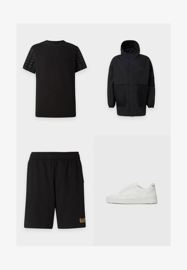 Juodas gobtuvu džemperis, pagamintas iš lengvo audinio, turi tinklinės juosteles, priekinį užtrauktuką ir elastingus rankogalius, leidžiančius pritaikyti dydį.; Juodas marškinėliai trumpomis rankovėmis, turintys vientisą priekį ir raštuotas juodas akcentus ant rankovių. Medžiaga atrodo minkšta ir glotni.; Juoda sportinė šortai, pagaminti iš minkštos medžiagos, su elastingu diržu ir maža geltona EA7 logo apatinėje kairėje kojoje.; Balti odiniai sportiniai bateliai su lygia apdaila, apvaliu pirštu, plokščiais raišteliais ir tekstūruotu padu. Pasižymi subtiliu logotipu ant kulno.