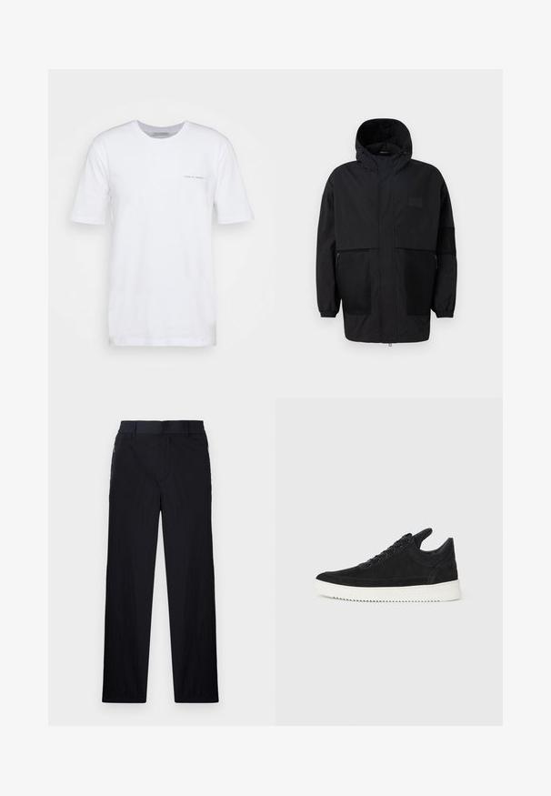 Černá kapucňová bunda vyrobená z lehké tkaniny, s síťovinovými panely, předním zipem a elastickými manžetami pro nastavitelné přizpůsobení.; Bílý tričko s krátkým rukávem vyrobené z bavlny, s kulatým výstřihem a malým tištěným logem na levé straně. Hladká textura, volný střih.; Černé kalhoty s lehkým, strukturovaným materiálem, rovnými nohavicemi, elastickým pasem a postranními zipovými kapsami.; Černé semišové tenisky s bílou gumovou podrážkou, s tónovým prošitím a šněrováním. Hladký povrch s moderním, aerodynamickým tvarem.
