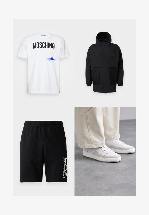 Juodas gobtuvu džemperis, pagamintas iš lengvo audinio, turi tinklinės juosteles, priekinį užtrauktuką ir elastingus rankogalius, leidžiančius pritaikyti dydį.; MOSCHINO WITH LOGO PEN INK - Marškinėliai su spaudiniu - white; EA7 Emporio Armani TRAIN VISIBILITY - Šortai - black/cream; Balti sportbačiai su lygia odine viršutine dalimi, smėlio spalvos zomšiniais akcentais, plokščiomis raištelėmis ir tekstūruota gumine padu, derinami su šviesiomis plačiomis kelnėmis.