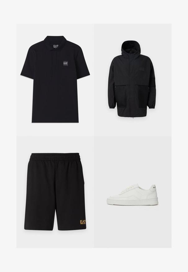 Svart hettejakke laget av lettvektig stoff, med mesh-paneler, en front glidelås og elastiske mansjetter for justerbar passform.; Svart polo skjorte laget av bomull. Har krage, korte ermer og en liten patch-logo på venstre side. En enkel og klassisk design.; Sorte treningsshorts laget av mykt stoff, med elastisk midje og en liten gul EA7-logo nederst på venstre ben.; Hvite lærersneakers med en jevn overflate, rund tå, flate lisser og en teksturert såle. Har en subtil logo på hælen.