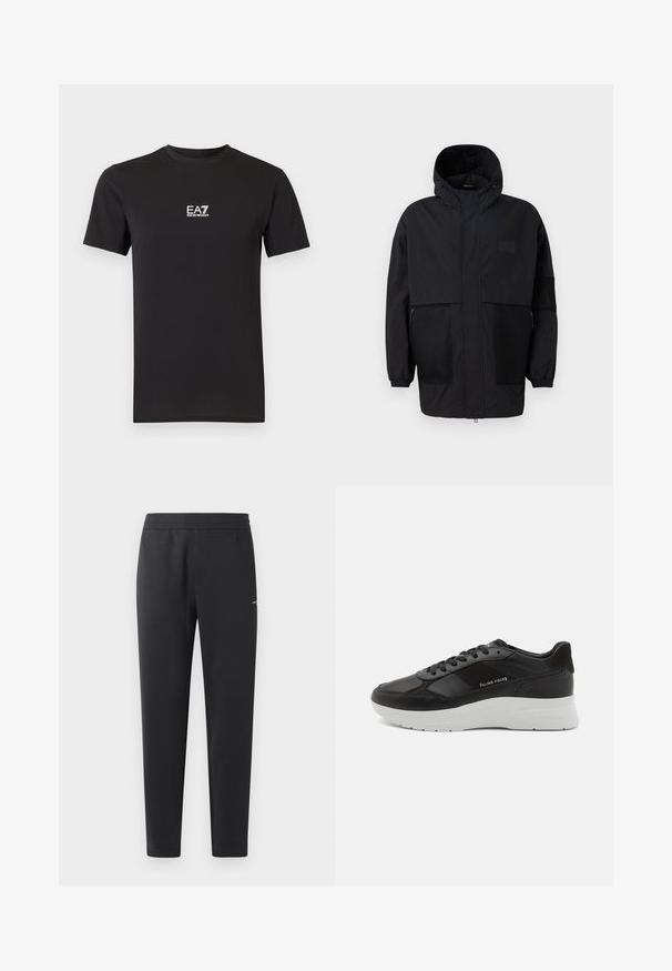 Black hooded jacket made from lightweight fabric, featuring mesh panels, a front zipper, and elastic cuffs for adjustable fit.; Black short-sleeve T-shirt made of soft fabric, featuring a small white EA7 Emporio Armani logo on the chest. Classic crew neckline.; Black jogger pants made of soft fabric, featuring an elastic waistband, straight legs, and a single small logo detail on the side.; Black leather sneaker with suede accents, round toe, white rubber sole, and stitched detailing. Logo printed on the side. Classic lace-up design.