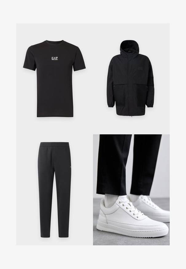 Čierna kapucňová bunda vyrobená z ľahkého materiálu, s priehľadnými panelmi, predným zipsom a elastickými manžetami pre nastaviteľné prispôsobenie.; Čierne tričko s krátkym rukávom z mäkkej tkaniny, na hrudi s malým bielym logom EA7 Emporio Armani. Klasický okrúhly výstrih.; Čierne joggingové nohavice z mäkkej tkaniny, s elastickým pásom, rovnými nohavicami a malým logom na boku.; Biele kožené tenisky s plochou gumovou podrážkou, s hladkým povrchom, okrúhlou špičkou a kovovými očkami na šnúrky. Nosené s čiernymi nohavicami.