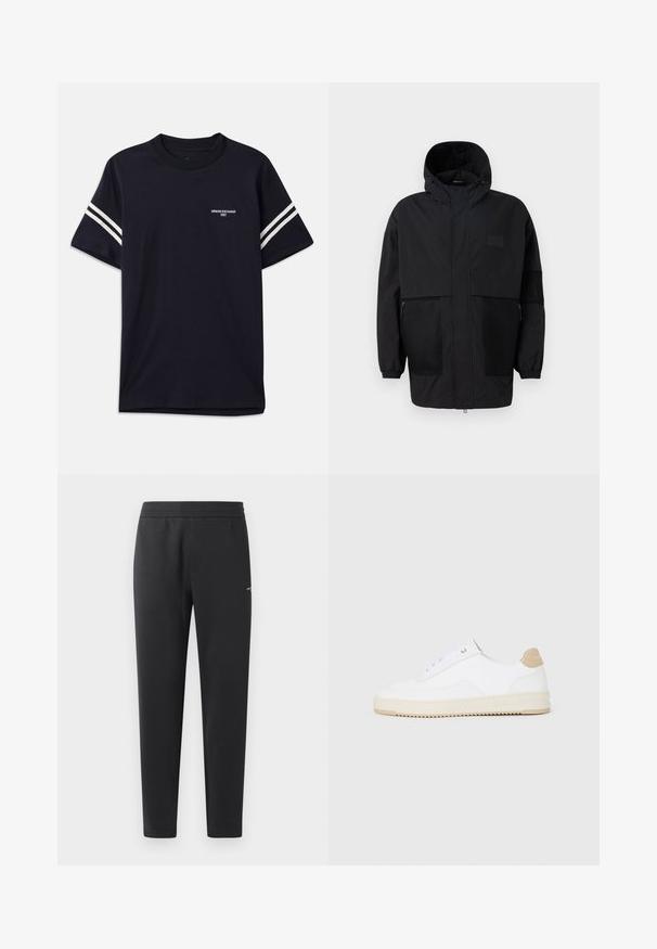 Melnā kapučjaka, kas izgatavota no viegla auduma, ar acs paneļiem, priekšējo rāvējslēdzēju un elastīgām aprocēm, kas nodrošina regulējamu piegulšanu.; Kreklu tumši zilā krāsā, izgatavots no kokvilnas, ar apaļu kakla izgriezumu, īsām piedurknēm un baltajām svītrām uz pleciem, ar drukātu logotipu uz krūšu daļas.; Melni sporta bikses, kas izgatavotas no mīkstas auduma, ar elastīgu jostasvietu, taisnām kājām un nelielu logotipa detaļu sānos.; Baltās zemas kedas ar faktūru ādas virsu, krēmkrāsas rievojamu zoli un brūnu pacēlumu uz papēža. Iekļauj baltas auklas un logo detaļu uz papēža.