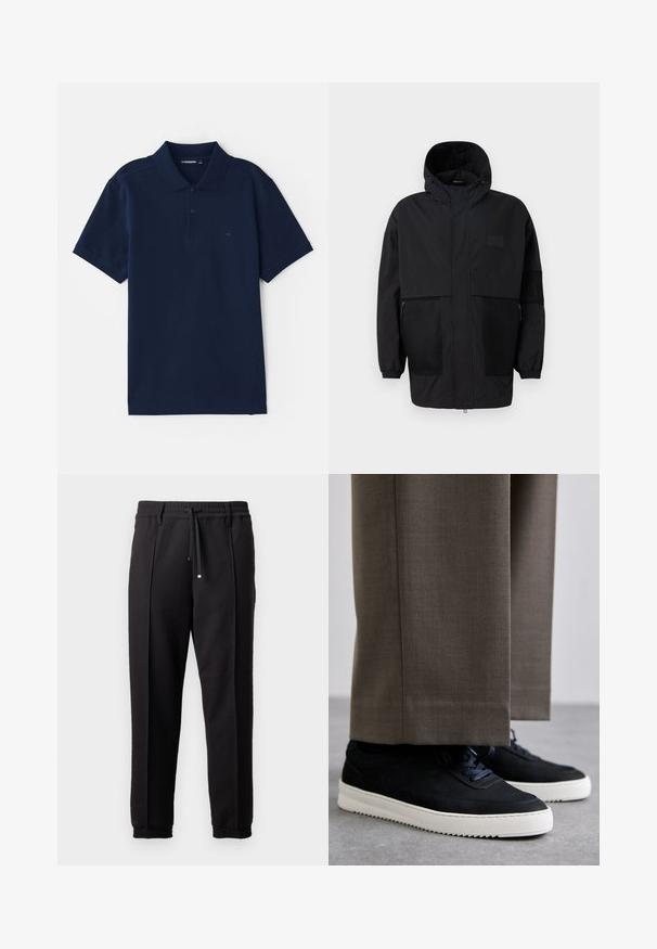 Czarna kurtka z kapturem, wykonana z lekkiego materiału, z siateczkowymi panelami, z zamek błyskawicznym z przodu oraz elastycznymi mankietami dla regulowanego dopasowania.; Granatowa koszulka polo z mieszanki bawełny, z klasycznym kołnierzykiem, zapinana na trzy guziki i z krótkimi rękawami. Dyskretny logotyp na piersi.; Czarne spodnie z pasem, sznurkiem do regulacji i elastycznymi mankietami. Posiadają kanty oraz gładki, teksturowany materiał.; Czarne zamszowe sneakersy z białymi gumowymi podeszwami, z zaokrąglonym noskiem i sznurówkami, noszone z szarymi dopasowanymi spodniami.