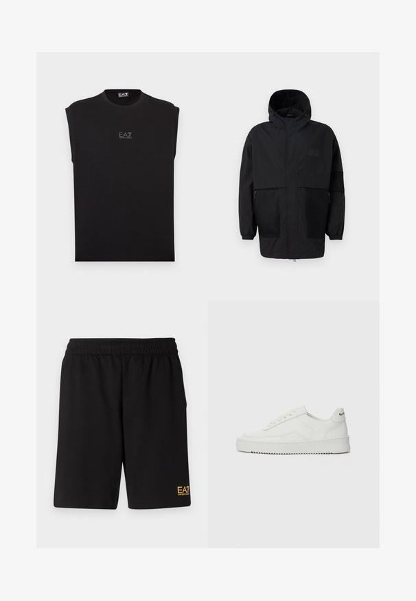 Svart hettejakke laget av lettvektig stoff, med mesh-paneler, en front glidelås og elastiske mansjetter for justerbar passform.; Svart ermeløs t-skjorte med rund hals, med en liten EA7-logo på fronten. Laget av mykt, glatt stoff med en avslappet passform.; Sorte treningsshorts laget av mykt stoff, med elastisk midje og en liten gul EA7-logo nederst på venstre ben.; Hvite lærersneakers med en jevn overflate, rund tå, flate lisser og en teksturert såle. Har en subtil logo på hælen.