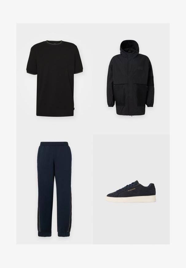 Melnā kapučjaka, kas izgatavota no viegla auduma, ar acs paneļiem, priekšējo rāvējslēdzēju un elastīgām aprocēm, kas nodrošina regulējamu piegulšanu.; Melna kokvilnas t-krekls ar īsām piedurknēm. Apkakles un piedurkņu maliņu apdarei ir kontrastējošas krāsainas šuves.; Jūras spēku krāsas treniņbikses ar maigu tekstūru, sašaurinātām piedurknēm un sietiņa sānu paneliem. Elastīga josta komfortam un ikdienas pieguvei.; Navy zila zamšas zema augstuma kedas ar baltu zoli, navy krāsas auklām un "Filling Pieces" logo zeltā sānos.