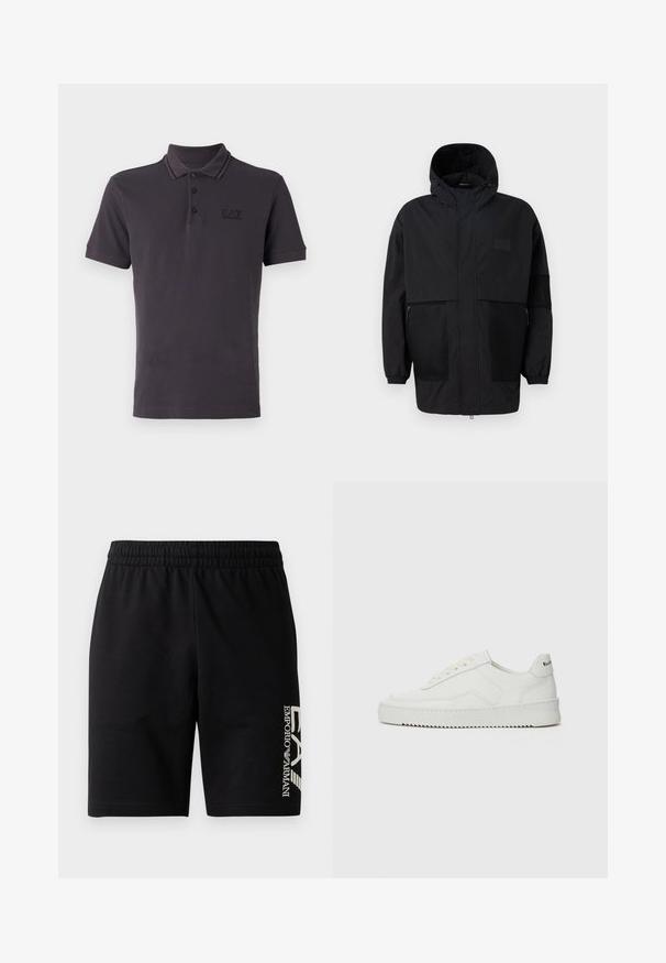 Černá kapucňová bunda vyrobená z lehké tkaniny, s síťovinovými panely, předním zipem a elastickými manžetami pro nastavitelné přizpůsobení.; Tmavě šedé polo tričko vyrobené ze směsi bavlny, s límcem na tři knoflíky, krátkými rukávy a nenápadným logem na hrudi. Vyznačuje se kontrastním límcem.; EA7 Emporio Armani TRAIN VISIBILITY - Šortky - black/cream; Bílé kožené tenisky s hladkým povrchem, kulatou špičkou, plochými tkaničkami a texturovanou podrážkou. Na patě se nachází nenápadné logo.