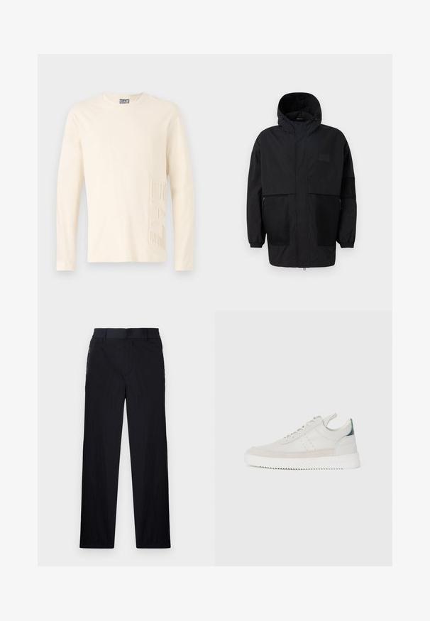 Μαύρο φούτερ τζάκετ από ελαφρύ ύφασμα, με πλέγμα, μπροστινό φερμουάρ και ελαστικούς καρπούς για ρυθμιζόμενη εφαρμογή.; Μακρυμάνικη κρέμα μπλούζα από μαλακό βαμβάκι, με υφασμένο λογότυπο EA7 στο αριστερό μπροστινό μέρος. Απλός στρογγυλός λαιμός.; Μαύρο παντελόνι με ελαφρύ, υφασματοποιημένο φινίρισμα, ευθύ γραμμή, ελαστική ζώνη στη μέση και πλαϊνές τσέπες με φερμουάρ.; Λευκά δερμάτινα αθλητικά παπούτσια με γκρι σουέντ λεπτομέρειες, σχέδιο με κορδόνια, λαβή στο πίσω μέρος και υφασμάτινη σόλα από καουτσούκ με ζιγκ-ζαγκ σχέδιο.