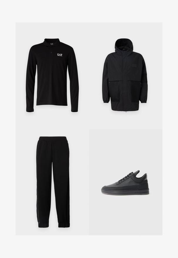Čierna kapucňová bunda vyrobená z ľahkého materiálu, s priehľadnými panelmi, predným zipsom a elastickými manžetami pre nastaviteľné prispôsobenie.; Čierna polo košeľa s dlhým rukávom vyrobená z bavlny, so zapínaním na tri gombíky a bielou vyšitou logom na ľavej hrudi.; Čierne tepláky vyrobené z mäkkej tkaniny, s elastickým pásom, manžetami na koncoch a bočnými sieťovanými panelmi pre lepšiu ventiláciu.; Čierne kožené tenisky s textúrovaným povrchom, viazacím dizajnom, nízkym strihom a šedou gumovou podrážkou s drážkovaným okrajom.