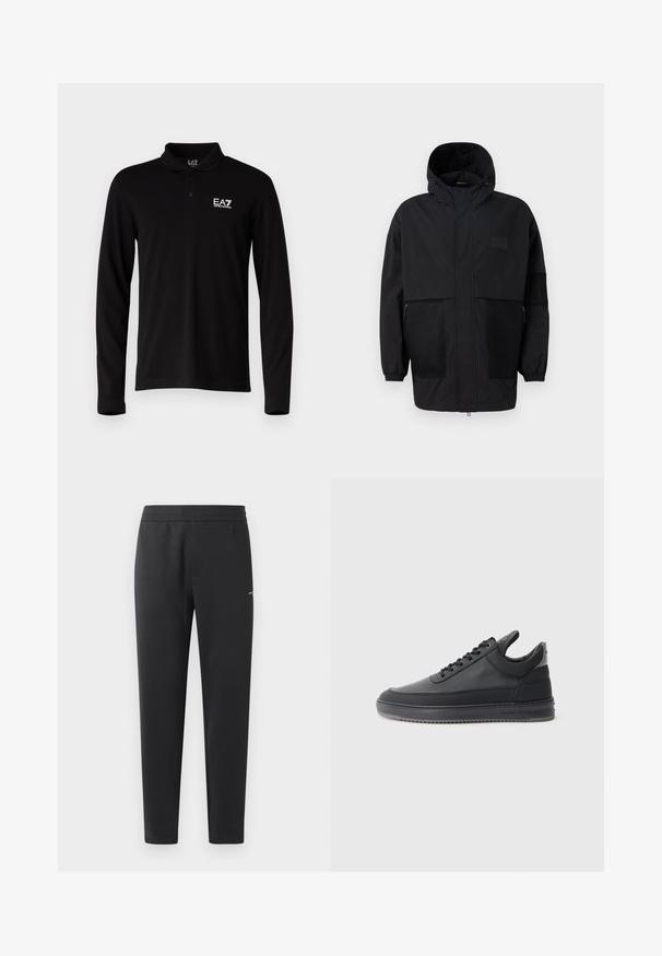 Fekete kapucnis dzseki, könnyű anyagból készült, hálós panelek, elülső cipzár és állítható illeszkedést biztosító rugalmas mandzsetták jellemzik.; Fekete, hosszú ujjú pólóing, pamutból készült, három gombos nyakkal, a bal mellen fehér hímzett logóval.; Fekete sportnadrág puha anyagból, rugalmas derékpánttal, egyenes szárakkal és egy kis logó részlettel az oldalán.; Fekete bőr sportcipő, textúrázott felülettel, fűzős dizájnnal, alacsony szárú kivitelben, szürke gumi talppal, mely bordázott peremmel rendelkezik.