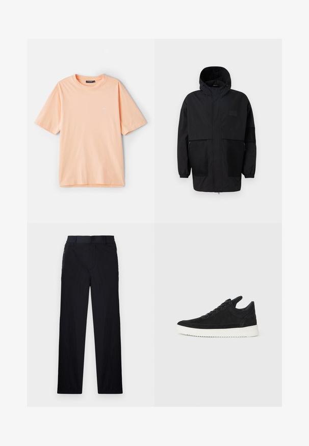 Juodas gobtuvu džemperis, pagamintas iš lengvo audinio, turi tinklinės juosteles, priekinį užtrauktuką ir elastingus rankogalius, leidžiančius pritaikyti dydį.; Minkštos rankovės persikinės spalvos marškiniai, pagaminti iš medvilnės, su apvalia iškirpte ir mažu baltu logotipu kairėje krūtinės pusėje.; Juodos kelnės, pagamintos iš lengvos tekstūruotos medžiagos, tiesaus silueto, su elastingu juosmeniu ir šoniniais užtrauktukų kišenėmis.; Juodų suede sportbačių su balta gumine padu, su toniniais siuvinėjimais ir raištelių užsegimu. Sklandus paviršius su šiuolaikine, laiko forma.