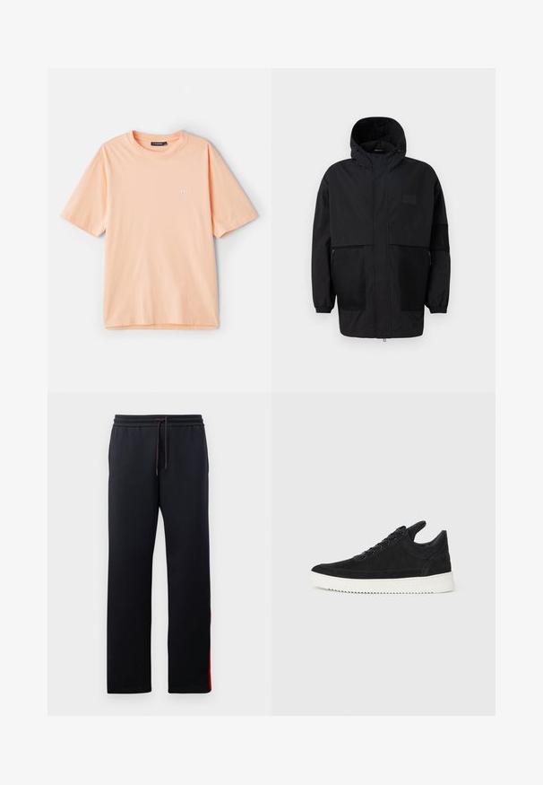 Juodas gobtuvu džemperis, pagamintas iš lengvo audinio, turi tinklinės juosteles, priekinį užtrauktuką ir elastingus rankogalius, leidžiančius pritaikyti dydį.; Minkštos rankovės persikinės spalvos marškiniai, pagaminti iš medvilnės, su apvalia iškirpte ir mažu baltu logotipu kairėje krūtinės pusėje.; Juodi sportiniai kelnių su raišteliu juosmenyje, siaurėjančiomis kojomis ir raudonomis akcentų juostelėmis šonuose. Minkšta, tampraus audinio struktūra su lygiu paviršiumi.; Juodų suede sportbačių su balta gumine padu, su toniniais siuvinėjimais ir raištelių užsegimu. Sklandus paviršius su šiuolaikine, laiko forma.