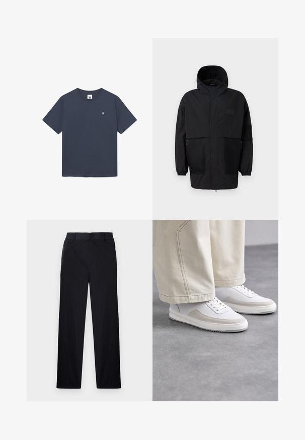 Veste à capuche noire en tissu léger, dotée de panneaux en mesh, d'une fermeture éclair à l'avant et de poignets élastiques pour un ajustement réglable.; T-shirt bleu marine en coton avec un col rond, des manches courtes et un petit logo brodé sur la poitrine gauche. Texture de tissu lisse.; Pantalon noir en tissu léger et texturé, avec une coupe droite, une taille élastique et des poches zippées sur les côtés.; Baskets blanches avec une tige en cuir lisse, des accents en daim beige, des lacets plats et une semelle en caoutchouc texturée, associées à un pantalon large de couleur claire.