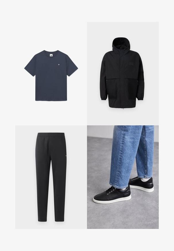 Veste à capuche noire en tissu léger, dotée de panneaux en mesh, d'une fermeture éclair à l'avant et de poignets élastiques pour un ajustement réglable.; T-shirt bleu marine en coton avec un col rond, des manches courtes et un petit logo brodé sur la poitrine gauche. Texture de tissu lisse.; Pantalons de jogging noirs en tissu doux, dotés d'une taille élastique, de jambes droites et d'un petit logo sur le côté.; Baskets en cuir noir avec semelles en caoutchouc blanc, dotées de lacets ronds, d'une surface lisse et d'un logo discret sur le talon. Portées avec un jean bleu.