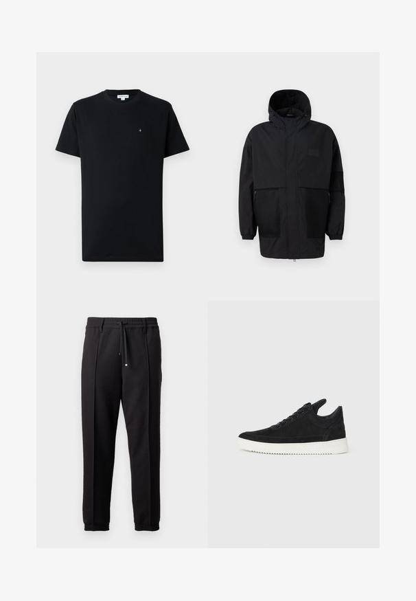 Chaqueta negra con capucha hecha de un tejido ligero, con paneles de malla, cremallera frontal y puños elásticos para un ajuste ajustable.; Camiseta de algodón negra de manga corta, con un escote redondo y un pequeño logo circular en el pecho. Textura suave.; Pantalones negros con cinturilla, cordón y puños elásticos. Presentan pliegues y una tela lisa y texturizada.; Zapatilla de ante negra con suela de goma blanca, que presenta costuras en el mismo tono y un diseño de cordones. Textura suave con una forma moderna y aerodinámica.