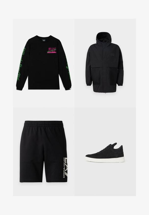 Črna kapuča jakna iz lahkega materiala, ki ima mrežaste panele, sprednje zadrgo in elastične manšete za prilagodljiv fit.; Črna dolga majica s dolgimi rokavi iz bombaža, ki ima roza in zeleno grafiko na prsih in rokavih. Ima preprost kroj s kroglasto ovratnico in žeblaste manšete.; EA7 Emporio Armani TRAIN VISIBILITY  - Kratke hlače - black/cream; Črne semiš športne copate z belo gumijasto podplatom, ki imajo toneče šive in vezalni dizajn. Gladka tekstura z modernim, poenoteno oblikovano silhueto.