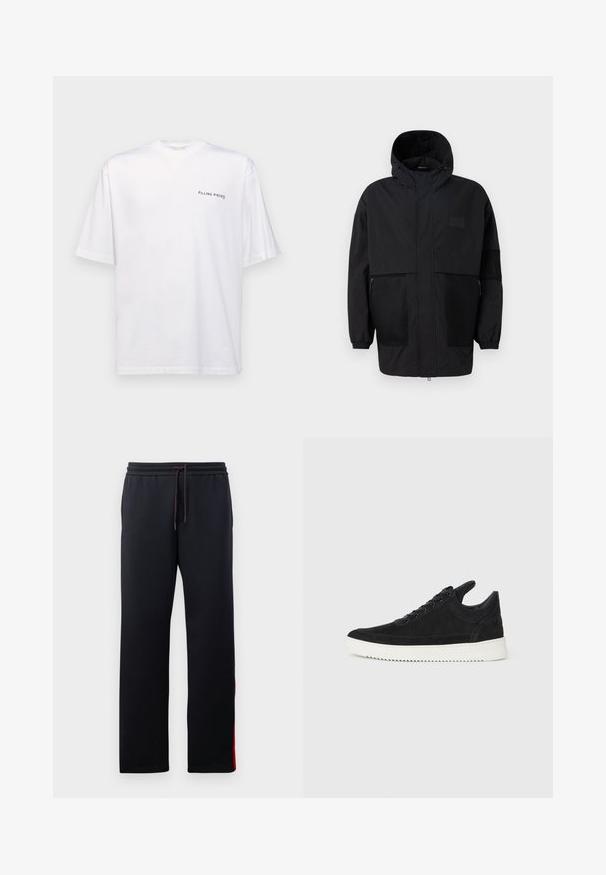 Čierna kapucňová bunda vyrobená z ľahkého materiálu, s priehľadnými panelmi, predným zipsom a elastickými manžetami pre nastaviteľné prispôsobenie.; Biela krátka rukávová tričko vyrobené z bavlny s výstrihom do V, s čiernym logom "FILLING PIECES" potlačeným na ľavej strane.; Čierne teplákové nohavice s pásom na stiahnutie, zužujúcimi sa nohavicami a červenými akcentmi po stranách. Mäkká, elastická tkanina s hladkým povrchom.; čierne semišové tenisky s bielou gumovou podrážkou, s tonálnym prešívaním a šnurovaním. Hladká textúra s moderným, zjednodušeným tvarom.
