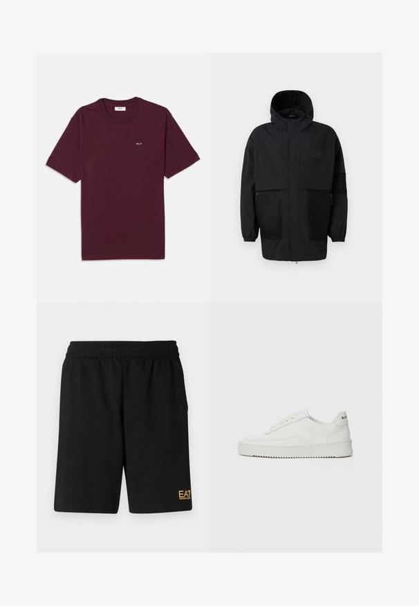 Musthave musta kapuutsiga jakk, mis on valmistatud kergest kangast, koos võrgupaneelide, ees oleva tõmbluku ja elastsete mansettidega kohandatava sobivuse jaoks.; Burgundia puuvillane T-särk ümmarguse kaelusega, lühikeste varrukatega ja väikese valge "NN. 07" logoga rindkeres. Sile tekstuur, standardne lõige.; Mustad mustad lühikesed püksid, mis on valmistatud pehmest kangast. Omavad elastset vöökohta ja väikest kollast EA7 logo vasakul jalal.; Valge nahast tennis, millel on sile põhi, ümar varvas, lamedad nöörid ja tekstuuriline tall. Sisaldab diskreetset logo kontsaribal.