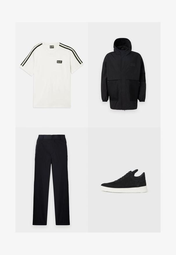 Melnā kapučjaka, kas izgatavota no viegla auduma, ar acs paneļiem, priekšējo rāvējslēdzēju un elastīgām aprocēm, kas nodrošina regulējamu piegulšanu.; Balta kokvilnas T-kreklu ar apaļu kakla izgriezumu, īsām piedurknēm, melnām akcentu svītrām uz pleciem un mazu EA7 logotipu uz krūts.; Melni bikses ar vieglu, teksturētu audumu, taisnu kāju dizainu, elastīgu jostu un sānu rāvējslēdzēju kabatām.; Melna zamša apavi ar baltu gumijas zoli, ar tonālu izšuvumu un auklu dizainu. Gluda tekstūra ar mūsdienīgu, plūstošu formu.