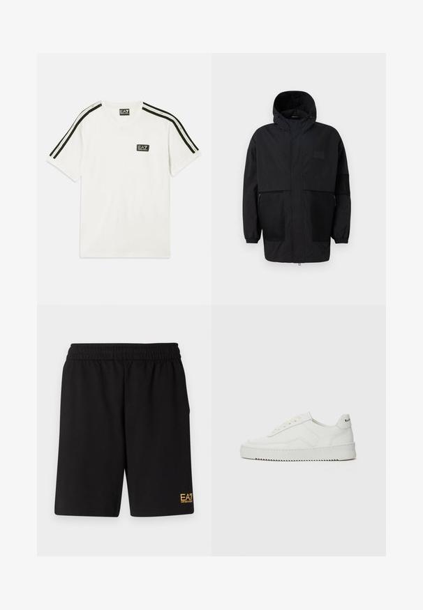 Musthave musta kapuutsiga jakk, mis on valmistatud kergest kangast, koos võrgupaneelide, ees oleva tõmbluku ja elastsete mansettidega kohandatava sobivuse jaoks.; Valge puuvillane T-särk, millel on ümmargune kaelus, lühikesed varrukad, mustad rõhujooned õlgadel ja väike EA7 logo rinnal.; Mustad mustad lühikesed püksid, mis on valmistatud pehmest kangast. Omavad elastset vöökohta ja väikest kollast EA7 logo vasakul jalal.; Valge nahast tennis, millel on sile põhi, ümar varvas, lamedad nöörid ja tekstuuriline tall. Sisaldab diskreetset logo kontsaribal.