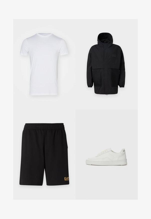 Casaco preto com capuz, feito de um tecido leve, apresentando painéis de malha, um fecho éclair frontal e punhos elásticos para um ajuste ajustável.; T-shirt branca de algodão com gola redonda, mangas curtas e uma textura suave. Sem padrões ou detalhes adicionais.; Calções desportivos pretos feitos de um tecido suave, com um cós elástico e um pequeno logótipo amarelo EA7 na parte inferior da perna esquerda.; Sapatilha de couro branco com acabamento suave, bico redondo, atacadores planos e uma sola texturizada. Apresenta um logotipo discreto no calcanhar.