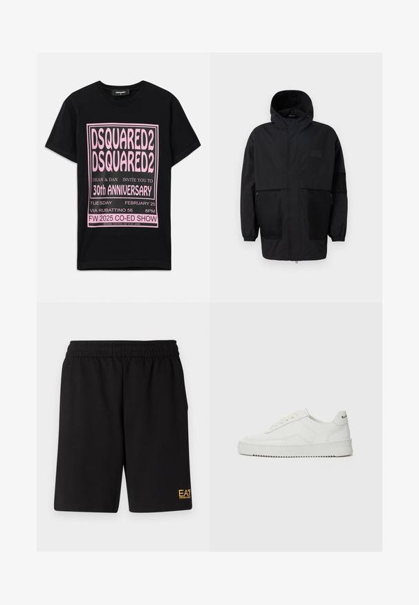 Melnā kapučjaka, kas izgatavota no viegla auduma, ar acs paneļiem, priekšējo rāvējslēdzēju un elastīgām aprocēm, kas nodrošina regulējamu piegulšanu.; Melna kokvilnas T-krekls ar lielu rozā grafisku tekstu. Dizains ietver pasākuma detaļas dažādos fontu izmēros un papildu informāciju apakšā.; Melnas sporta šortus, kas izgatavoti no mīksta auduma, ar elastīgu jostu un mazu dzeltenu EA7 logo zem kreisā kājas stūra.; Baltas ādas sneakers ar gludu virsmu, apaļu pirkstu daļu, plakaniem šņorēm un teksturētu zoli. Satur diskrētu logotipu uz papēža.