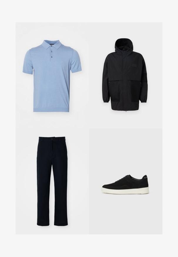 Svart hettejakke laget av lettvektig stoff, med mesh-paneler, en front glidelås og elastiske mansjetter for justerbar passform.; Lys blå polo skjorte laget av myk, strikket stoff med krage, tre knapper og kortermede. Ingen synlige mønstre eller detaljer.; Navyblå bukser laget av bomull, med rett ben-design, frontlukking med knapp og klassisk midje med beltehanker.; Svart semsket sneakers med snøring og kontrasterende hvit gummisåle. Har teksturerte sidepaneler og subtil merkevare på hælen.
