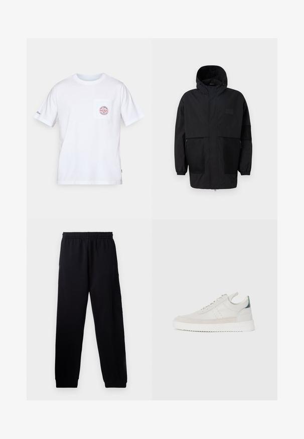 Sort hættetrøje lavet af letvægtsstof, med mesh-paneler, en frontlynlås og elastiske manchetter for justerbar pasform.; Hvid bomulds t-shirt med rund halsudskæring, korte ærmer og en frontlomme med et rødt og blåt logo design. Standard pasform.; Sorte sweatpants med elastisk talje, taperede ben og en tekstureret logo detalje på venstre ben. Lavet af blødt, letvægtsstof.; Hvide lædersneakers med grå ruskindsdetaljer, snørebåndsdesign, hævet tab og tekstureret gummisål med zigzag-mønster.