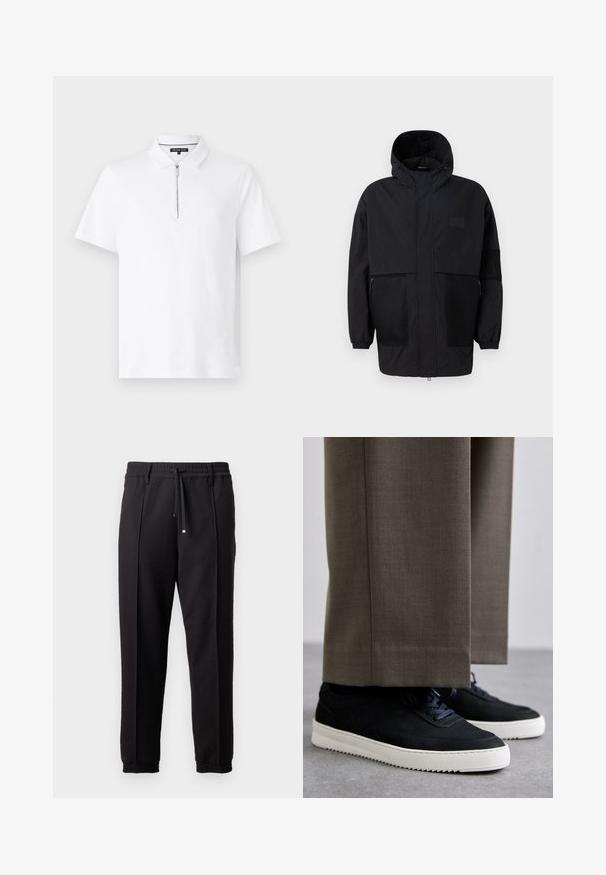 Svart hettejakke laget av lettvektig stoff, med mesh-paneler, en front glidelås og elastiske mansjetter for justerbar passform.; Hvit kortermet polo skjorte laget av glatt stoff, med stående krage og glidelåsfront for enkel påkledning.; Sorte bukser med liv, snor og elastiske mansjetter. Har plisséer og et glatt, teksturert stoff.; Svarte suedeglans sneakers med hvite gummisåler, med rund tå og lisser, iført grå skreddersydde bukser.