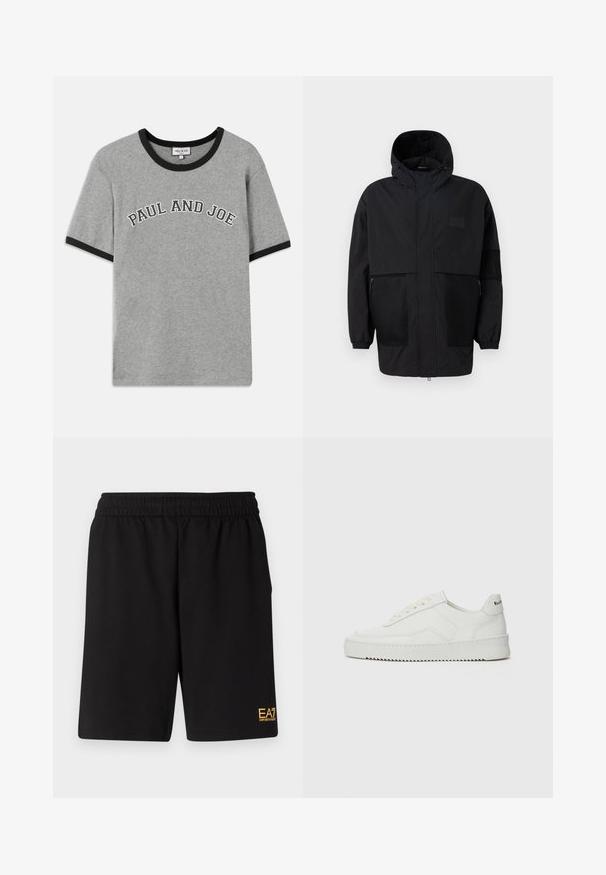 Melnā kapučjaka, kas izgatavota no viegla auduma, ar acs paneļiem, priekšējo rāvējslēdzēju un elastīgām aprocēm, kas nodrošina regulējamu piegulšanu.; Pelēka kokvilnas T-krekls ar melnu ribotu apkakli un piedurkņu galiem, kurā uz priekšpuses ir balti arku burti "PAUL AND JOE".; Melnas sporta šortus, kas izgatavoti no mīksta auduma, ar elastīgu jostu un mazu dzeltenu EA7 logo zem kreisā kājas stūra.; Baltas ādas sneakers ar gludu virsmu, apaļu pirkstu daļu, plakaniem šņorēm un teksturētu zoli. Satur diskrētu logotipu uz papēža.