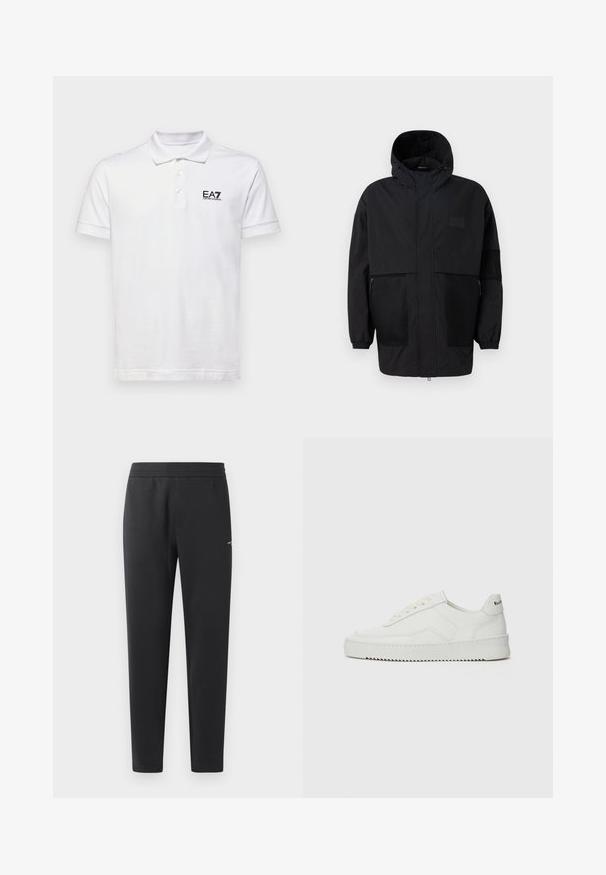 Juodas gobtuvu džemperis, pagamintas iš lengvo audinio, turi tinklinės juosteles, priekinį užtrauktuką ir elastingus rankogalius, leidžiančius pritaikyti dydį.; Balta polo marškinėliai, pagaminti iš medvilnės. Turi klasikį apykaklę, tris mygtukus ir mažą juodą EA7 logotipą ant kairio krūtinės. Trumpomis rankovėmis.; Juodos sportinės kelnės, pagamintos iš minkštos medžiagos, su elastinga juosmeniu, tiesiomis kojomis ir nedideliu logotipo akcentu šone.; Balti odiniai sportiniai bateliai su lygia apdaila, apvaliu pirštu, plokščiais raišteliais ir tekstūruotu padu. Pasižymi subtiliu logotipu ant kulno.