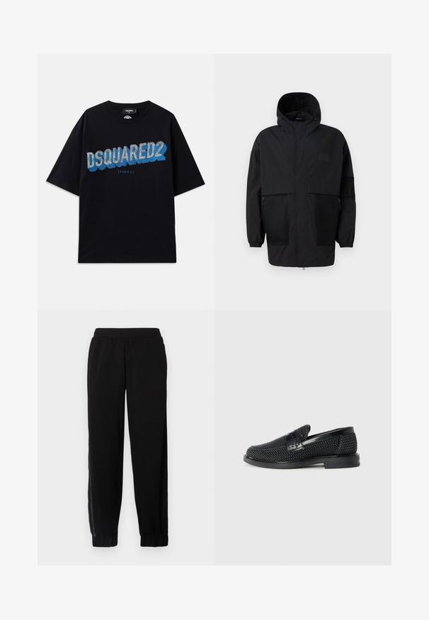 Svart hettejakke laget av lettvektig stoff, med mesh-paneler, en front glidelås og elastiske mansjetter for justerbar passform.; Dsquared2 T-shirts med print - black; Svarte joggebukser laget av myk tekstil, med elastisk midje, ribbede hem og sidelengs mesh-paneler for ekstra ventilasjon.; Sorte vevde slip-on sko med en glatt lærdetalj på overdelen, design med rund tå og en lavprofil gummisåle.