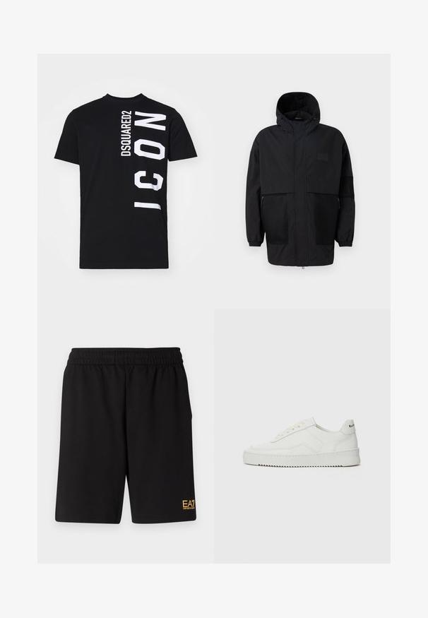 Sort hættetrøje lavet af letvægtsstof, med mesh-paneler, en frontlynlås og elastiske manchetter for justerbar pasform.; Sort bomulds t-shirt med fed hvid tekstdesign: "DSQUARED2" lodret og "ICON" vandret på siden. Klassisk rund halsudskæring.; Sorte atletiske shorts lavet af blødt stof, med en elastisk talje og et lille gult EA7-logo nederst på venstre ben.; Hvide lædersneakers med en glat overflade, rund tå, flade snørebånd og en tekstureret sål. Har et diskret logo på hælen.