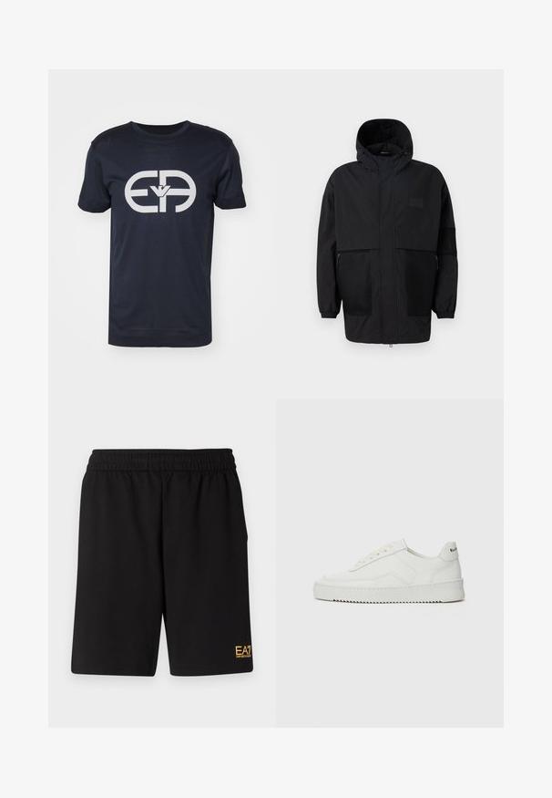 Black hooded jacket made from lightweight fabric, featuring mesh panels, a front zipper, and elastic cuffs for adjustable fit.; Navy blue cotton t-shirt, short sleeves, crew neckline. Features a large white logo on the front, flat hem, and standard fit.; Black athletic shorts made of soft fabric,Featuring an elastic waistband and a small yellow EA7 logo on the lower left leg.; White leather sneaker with a smooth finish, round toe, flat laces, and a textured sole. Features a subtle logo on the heel.