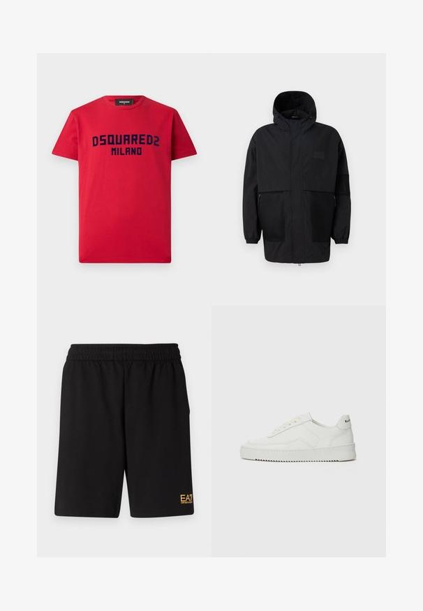Crna kapuljača od laganog materijala, s mrežastim panelima, prednjim zatvaračem i elastičnim manžetama za prilagodljivu veličinu.; Crvena pamučna majica s kratkim rukavima, s plavim "DSQUARED2 MILANO" logotipom preko prsnog dijela. Klasičan dizajn s okruglim izrezom.; Crne atletske kratke hlače od mekanog materijala, s elastičnim pojasom i malim žutim EA7 logotipom na donjoj lijevoj nozi.; Bijele kožne tenisice s glatkom površinom, okruglim vrhom, ravnim vezicama i teksturiranom potplatom. Imaju suptilan logo na peti.