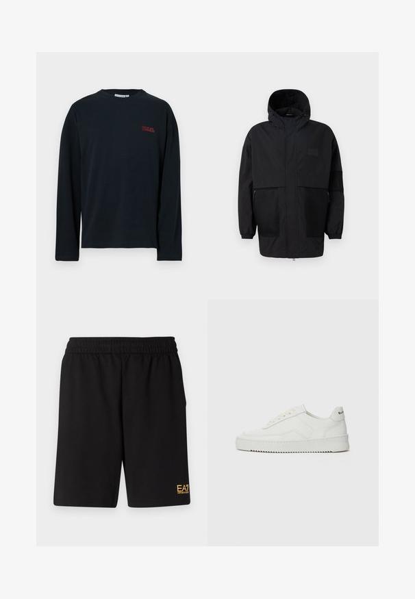 Giacca nera con cappuccio realizzata in tessuto leggero, con pannelli in rete, zip frontale e polsini elasticizzati per una vestibilità regolabile.; T-shirt nera a manica lunga realizzata in morbido tessuto, con un piccolo logo rosso sul lato sinistro del petto, collo rotondo e orlo dritto.; Pantaloni sportivi neri realizzati in tessuto morbido, con vita elastica e un piccolo logo EA7 giallo sulla parte bassa della gamba sinistra.; Sneaker in pelle bianca con una finitura liscia, punta rotonda, lacci piatti e suola testurizzata. Presenta un logo discreto sul tallone.