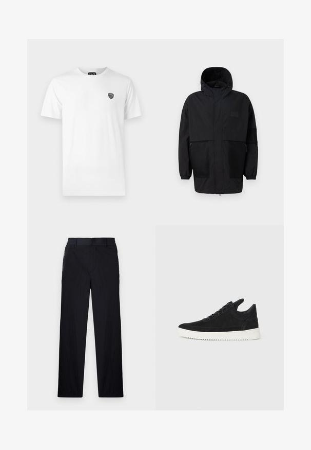 Juodas gobtuvu džemperis, pagamintas iš lengvo audinio, turi tinklinės juosteles, priekinį užtrauktuką ir elastingus rankogalius, leidžiančius pritaikyti dydį.; Balta medvilninė marškinė su trumpomis rankovėmis, su mažu juodu logotipu kairėje krūtinės pusėje. Klasikinio apvalaus kaklo dizainas.; Juodos kelnės, pagamintos iš lengvos tekstūruotos medžiagos, tiesaus silueto, su elastingu juosmeniu ir šoniniais užtrauktukų kišenėmis.; Juodų suede sportbačių su balta gumine padu, su toniniais siuvinėjimais ir raištelių užsegimu. Sklandus paviršius su šiuolaikine, laiko forma.