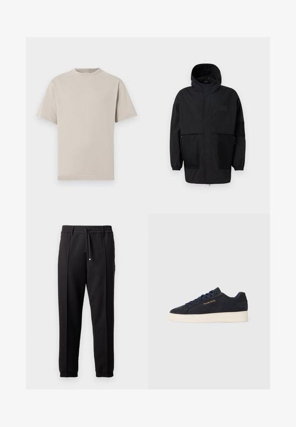 Czarna kurtka z kapturem, wykonana z lekkiego materiału, z siateczkowymi panelami, z zamek błyskawicznym z przodu oraz elastycznymi mankietami dla regulowanego dopasowania.; Jasno beżowa bawełniana koszulka z okrągłym dekoltem, krótkimi rękawami i prostym wykończeniem. Gładka faktura, bez wzorów i ozdób.; Czarne spodnie z pasem, sznurkiem do regulacji i elastycznymi mankietami. Posiadają kanty oraz gładki, teksturowany materiał.; Granatowe zamszowe sneakersy niskie z białą podeszwą, granatowymi sznurówkami i logo "Filling Pieces" w złotym kolorze na boku.