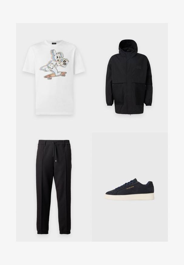 Svart hettejakke laget av lettvektig stoff, med mesh-paneler, en front glidelås og elastiske mansjetter for justerbar passform.; Hvit bomull t-skjorte med et tegneseriekanin på skateboard som holder en bok. Designet inkluderer fargerike detaljer og konturer.; Sorte bukser med liv, snor og elastiske mansjetter. Har plisséer og et glatt, teksturert stoff.; Marineblå ankelhøyde sneakers i semsket skinn med hvit såle, marineblå snøringer, og "Filling Pieces"-logo i gull på siden.