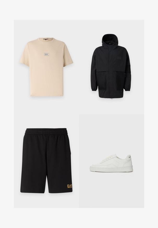 Casaco preto com capuz, feito de um tecido leve, apresentando painéis de malha, um fecho éclair frontal e punhos elásticos para um ajuste ajustável.; T-shirt de algodão bege com mangas curtas, decote redondo e logótipo "MK" bordado em um contorno retangular no peito. Textura suave.; Calções desportivos pretos feitos de um tecido suave, com um cós elástico e um pequeno logótipo amarelo EA7 na parte inferior da perna esquerda.; Sapatilha de couro branco com acabamento suave, bico redondo, atacadores planos e uma sola texturizada. Apresenta um logotipo discreto no calcanhar.