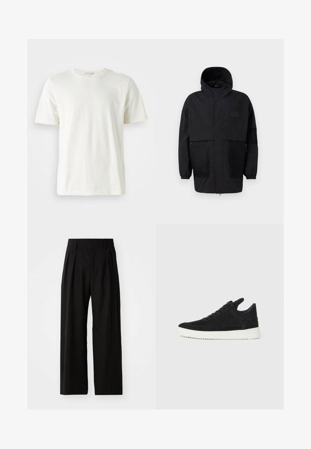 Juodas gobtuvu džemperis, pagamintas iš lengvo audinio, turi tinklinės juosteles, priekinį užtrauktuką ir elastingus rankogalius, leidžiančius pritaikyti dydį.; Šviesiai kreminė medvilninė marškinėlė su apvalia iškirpte ir trumpomis rankovėmis. Lygus paviršius, paprastas dizainas ir laisvas kirpimas. Be raštų ar akcentų.; Juodos plačios kelnės su sklandžiu paviršiumi, turinčios dvi priekinės raukšles, užsegimą su mygtuku ir šonines kišenes. Patvari medžiaga.; Juodų suede sportbačių su balta gumine padu, su toniniais siuvinėjimais ir raištelių užsegimu. Sklandus paviršius su šiuolaikine, laiko forma.