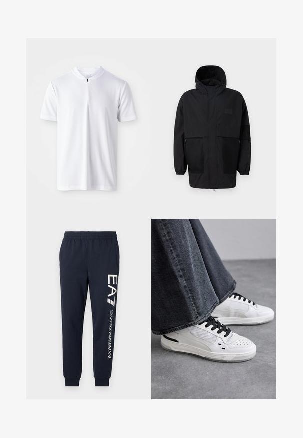 Svart hettejakke laget av lettvektig stoff, med mesh-paneler, en front glidelås og elastiske mansjetter for justerbar passform.; Hvit sportskjorte med korte ermer, stående krage og kvart glidelås. Laget av glatt, lett materiale med subtilt logo-detalj.; Mørkeblå bomullsjoggere med elastisk midje, smalnende bein og kontrasterende hvite EA7- og Emporio Armani-logoer trykt langs siden.; Hvite sneakers med svarte lisser og mesh-detaljer. Har en glatt læroverdel og en teksturert gummisåle. Kombinert med vide gråjeans.
